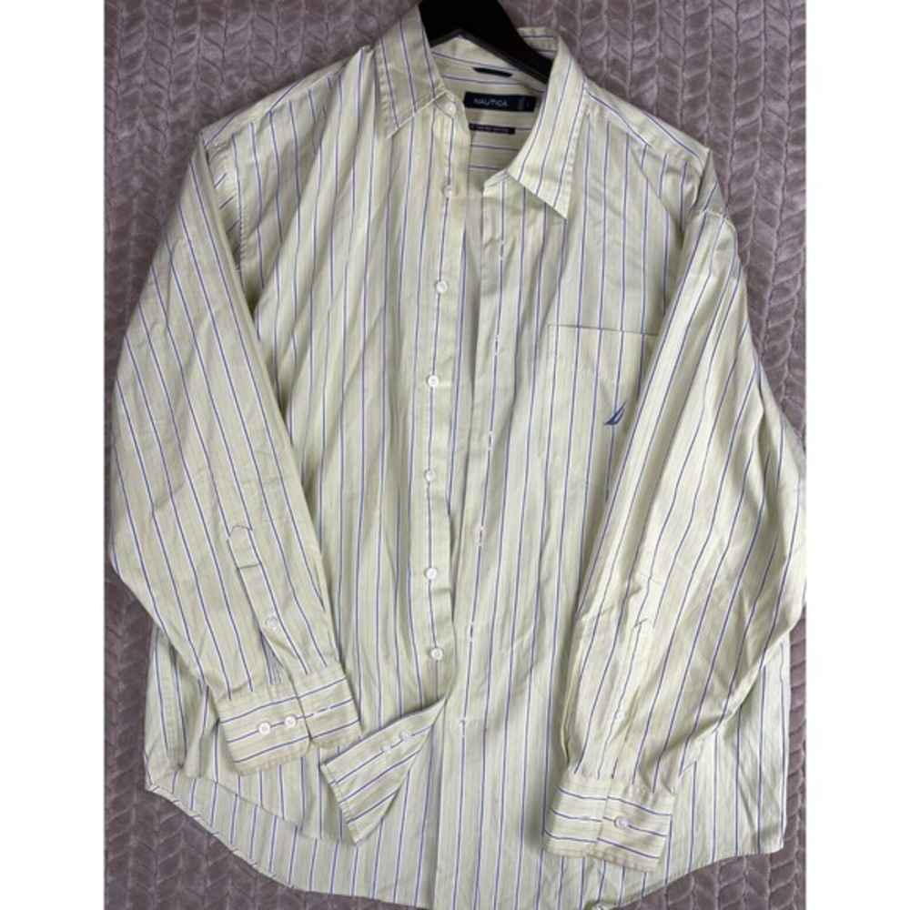 Nautica Men Size L Yellow‎ Striped Shirt Long Sleeve Casual 80's Two-Ply Cotton